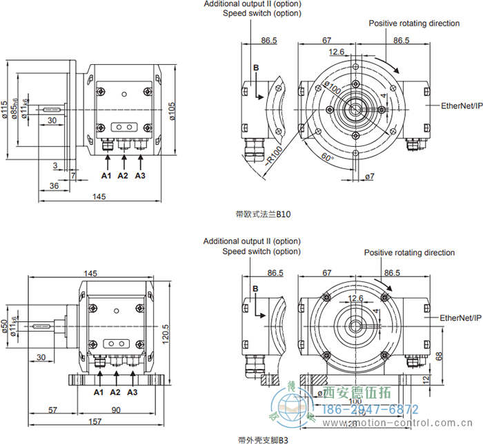 PMG10 - EtherNet/IP絕對值重載編碼器外形及安裝尺寸(?11 mm實心軸，帶歐式法蘭B10或外殼支腳 (B3)) - 西安德伍拓自動化傳動系統(tǒng)有限公司