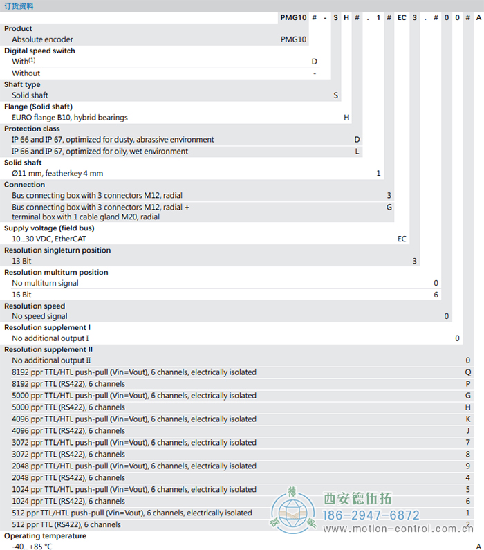 PMG10 - EtherCAT絕對值重載編碼器訂貨選型參考(?11 mm實心軸，帶歐式法蘭B10或外殼支腳 (B3)) - 西安德伍拓自動化傳動系統(tǒng)有限公司