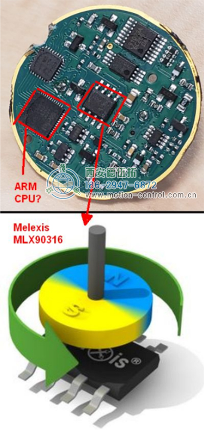 在PCB的中心，有Melexis芯片和可能的ARM微控制器